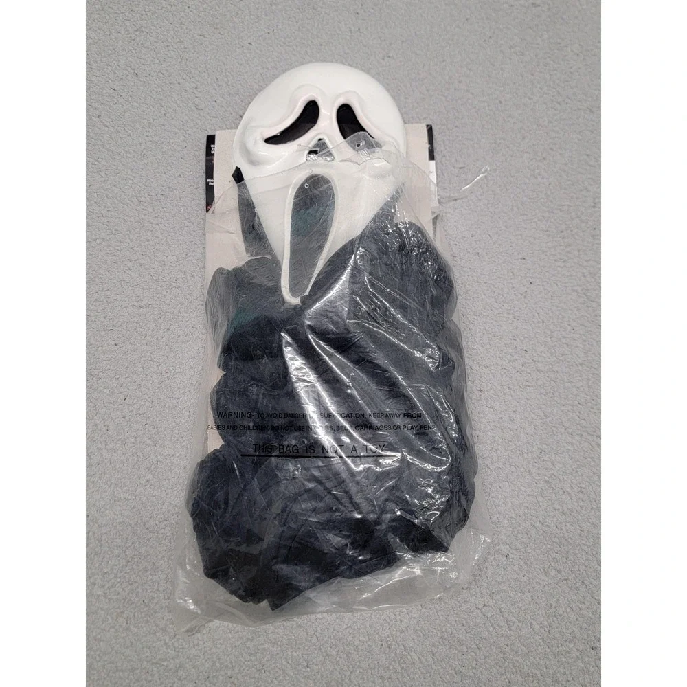 Vintage Ghost Face Fun World EU Scream Mask Black Hood Costume Adult One‎ Sz 90s